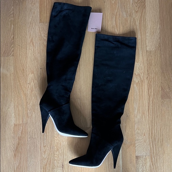 Miu Miu Black Suede Knee Boots - Picture 1 of 9